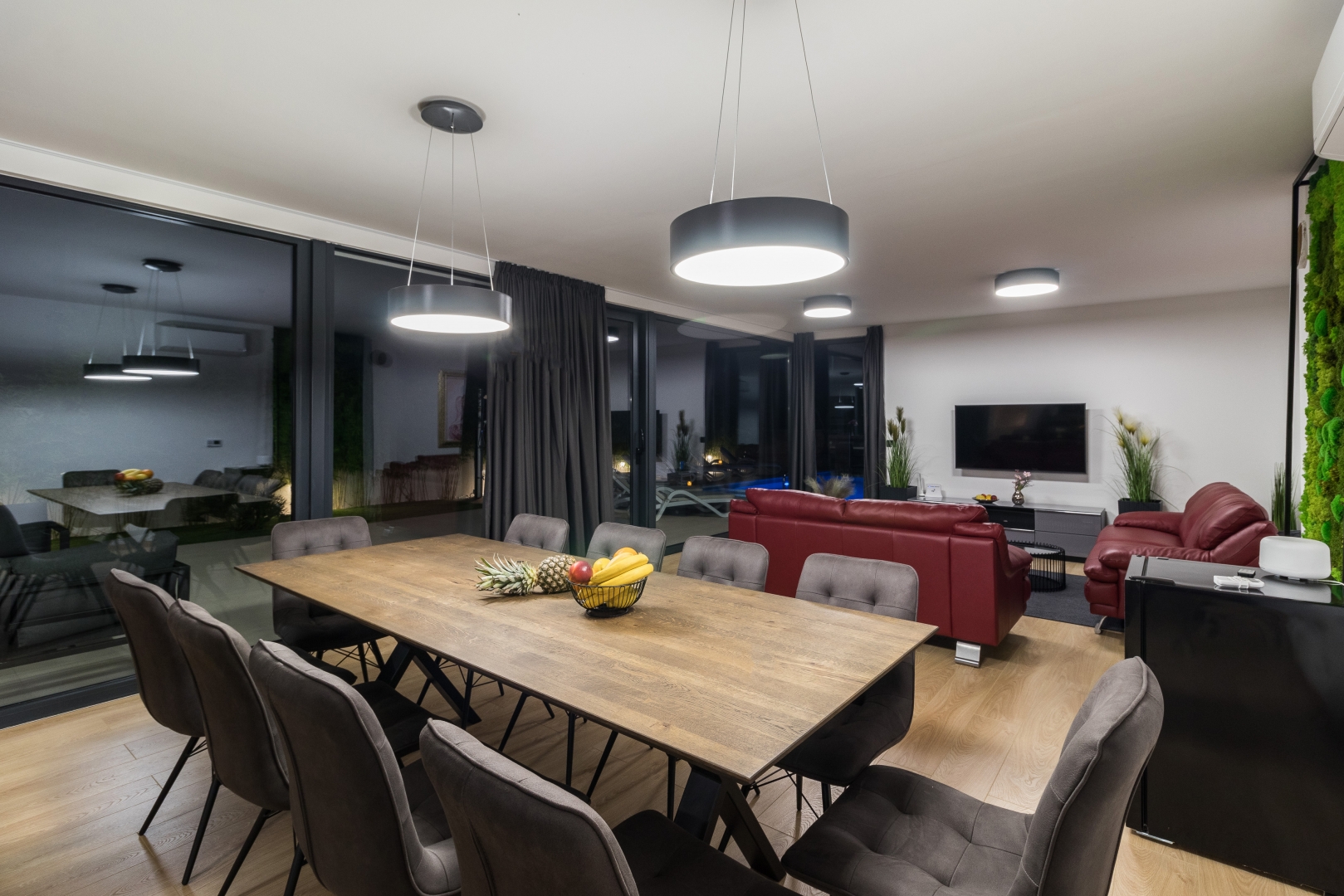 Living and dining area in the evening